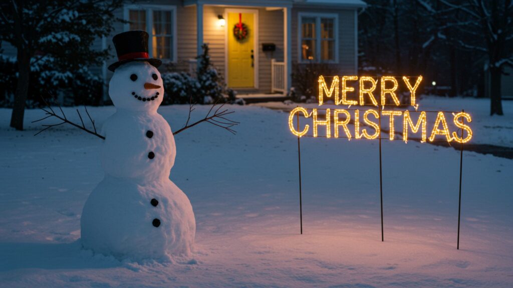 Snowman in front yard with twig arms pointing at a glowing sign made of lights reading 'Merry Christmas' - Variation 68